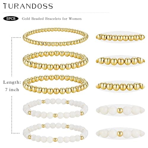 Turandoss Gold Beaded Bracelets Set for Women - 14K Gold Plated Dainty Round Bead Ball Bracelet for Women White Porcelain Bracelet Simplicity Stackable Bracelets Jewelry Gifts (5 PCS) - Thumbnail 5