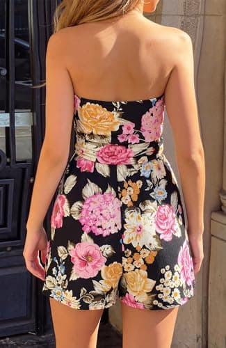 BTFBM Romper For Women 2026 Spring Strapless Printed Tube Boho Wide Leg Beach Short Jumpsuit Summer Date Night Rompers(Floral Black Pink, X-Small) - Thumbnail 3