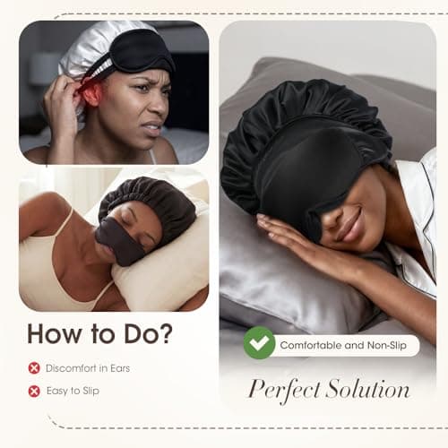 Satin Silk Bonnet for Sleeping Women Men, LC-dolida 2-in-1 Adjustable Hair Bonnet for Curly & Natural with Sleep Mask, Reduce Frizz, Lock in Moisture, Prevent Breakage and Tangles,for Skin Care,Travel - Thumbnail 3