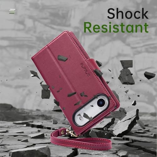 FLIPALM Wallet Case for iPhone 17 Series with Wrist Strap - PU Leather Folio Flip with Credit Card Holder & Kickstand, Protective Cover (Red, for iPhone 17 Air) - Thumbnail 6