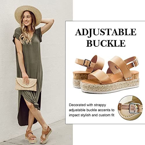 Athlefit Women's Espadrilles Platform Wedge Sandals Casual Open Toe Ankle Strap Buckle Summer Sandals, Khaki, Size 6, AD00502 - Thumbnail 3