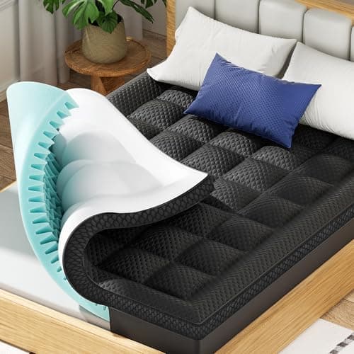 BEDELITE Dual Layer 4 Inch Queen Size Memory Foam Mattress Topper, 2 Inch Soft Pillow Top Mattress Pad Cover and 2 Inch Gel Memory Foam for Pressure Relief, 2-in-1 Design for Comfort & Support (Black)