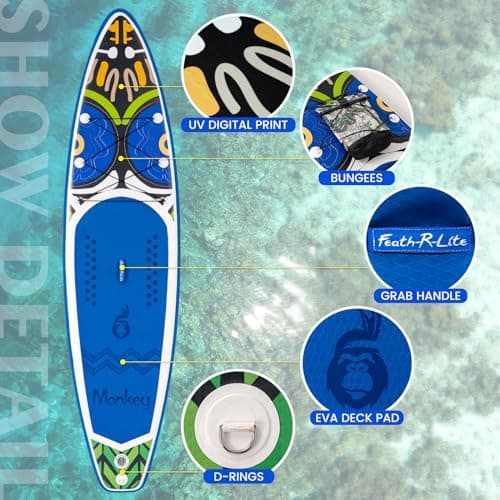 FEATH-R-LITE Inflatable Paddle Board Stand Up Paddleboards for Adults SUP with Premium Accessories Pump, Adjustable Paddle, Leash, Three Fins, Backpack (Blue Monkey) - Thumbnail 2