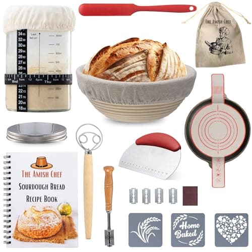 Complete Sourdough Bread Starter Kit, Glass Sourdough Starter Jar Kit & Tons of Sourdough Baking Supplies - Sourdough Starter Kit Includes Sourdough Jar, Banneton Bread Proofing Basket & More - Image 1