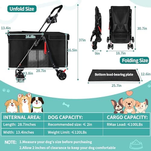 Medium Dog Stroller for Large Dogs, Pet Stroller for Medium Dogs Up to 100lbs, All-Terrain with Handle & Canopy, Storage Organizer, Waterproof Oxford Fiber Black - Thumbnail 2