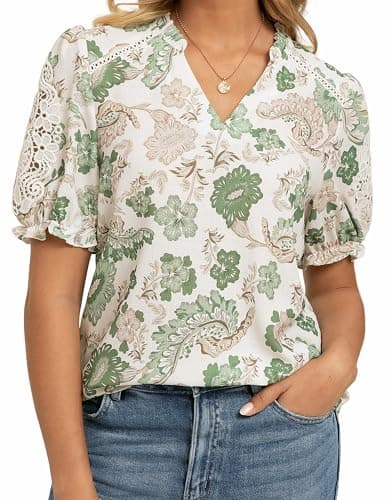 GRACE KARIN Women Boho Floral Tops, Summer Short Sleeve Shirts, V Neck Dressy Casual Blouse Work Printed 2026 Spring Trendy Beige Green XX-Large - Image 1