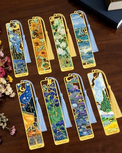 HOMTEK 8 Pieces Metal Bookmarks with Tassel, Golden Hollow Bookmark Van Gogh Monet Oil Painting Theme Book Mark for Book Lovers Writers Readers Children Teens Men Women Adults