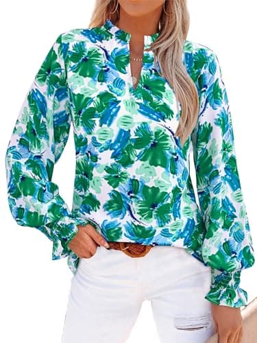 MASCOMODA Womens V Neck Floral Long Sleeve Tops 2026 Summer Casual Loose Puff Sleeve Chiffon Boho Work Blouse Dressy T Shirts(Green Floral,XX-Large) - Image 1