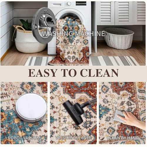 Area Rug 8x10 for Living Room Soft Machine Washable Low Pile Area Rugs Vintage Boho Bedroom,Dinner Room Non-Slip Carpet Rug - Brick Red - Thumbnail 3