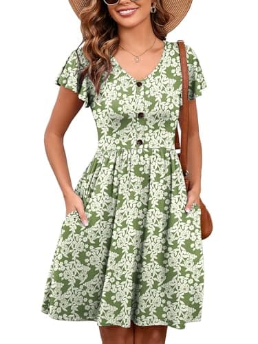 Heymoments Women Summer Dress Green Roses Small Ruffle Sleeve V Neck Casual Cute Loose Sundress Comfy Swing Button Down Midi Work Flowy Tunic Ladies Beach Vacation Teacher Dresses - Image 1