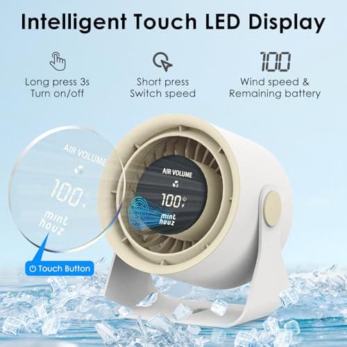 Minthouz Desk Fan - Touch Control LED Display, Premium USB Fans 3600mAh Rechargeable Battery, 6 Speeds, 90° Tilting - Portable for Home, Office, Travel, Camping, Kitchen (Beige) - Thumbnail 2