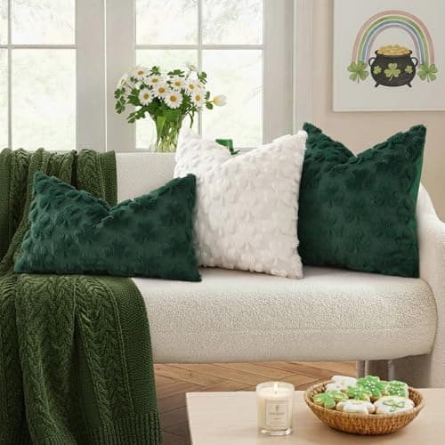 decorUhome St. Patrick’s Day Shamrock Green Pillow Covers 16x16 Inch Set of 2, Soft Plush Faux Wool Throw Pillow Covers, Farmhouse Spring Holiday Decor for Sofa Living Room - Thumbnail 4