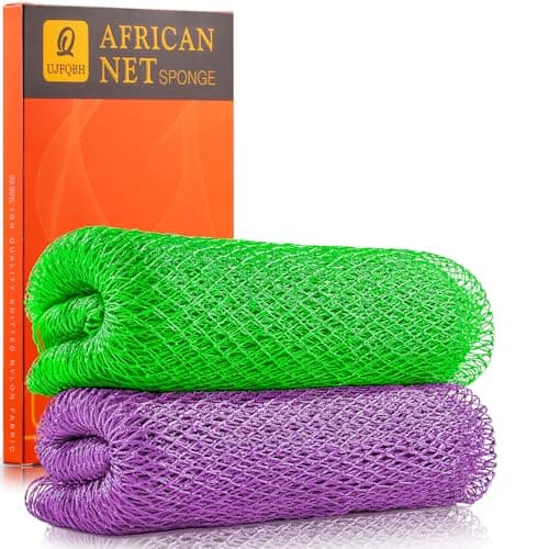 UJFQBH Authentic African Net Sponge - 2 Pcs Natural Exfoliating Net Scrubber, Gentle for Sensitive Skin, Deep Clean Body, Back & Legs, Fast Drying & Odor-Free（Green & Purple）