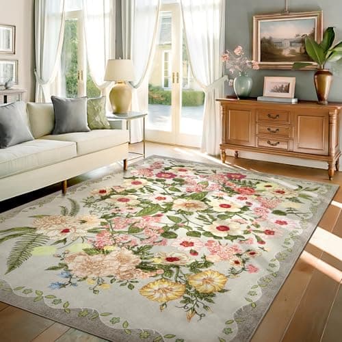 AREAMAY Floral Bedroom Rug - 4x6 Washable Area Rugs Non-Slip Soft Low-Pile Stain Resistant Carpet Flower Print Vintage Indoor Rug forLiving Room Dining Room Office Nursery Room, Grey - Image 1
