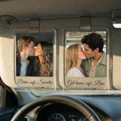 VBAIFAyy Custom Car Visor Photo Clip for Couples - Personalized Acrylic Sun Visor Picture Holder with Text, Drive Safe Gifts for Husband Wife Boyfriend Girlfriend, Valentines Anniversary Present - Image 1