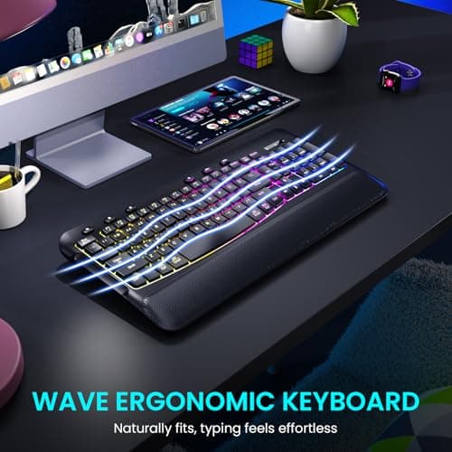 COLIKES Ergonomic Wave Wireless Keyboard and Mouse Combo - Soft Leather Wrist Rest, RGB Backlit, Silent Keys, Rechargeable Set for Computer/Windows/Mac (Black) - Thumbnail 2