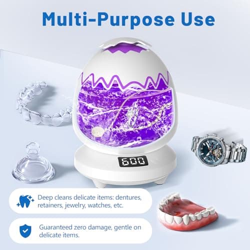 Ultrasonic Retainer Cleaner Machine for Dentures | 45kHz Dental Cleaning Pod for Aligner, Nightguard, Braces, Jewelry, Watch, 3 Timer Modes - with Cooling Fan & Removable Base (Light Purple) - Thumbnail 6