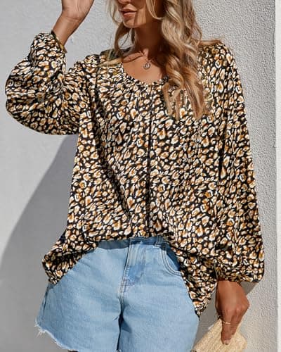 Zenlonr Womens Fall Tops Dressy Casual 2025 V Neck Satin Silk Printed Shirts Boho Long Sleeve Work Blouses(Black Leopard,Small) - Thumbnail 4