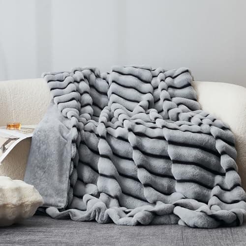 DCSKY Cozy Faux Fur Throw Blanket for Bed-Warm Fuzzy Throw Blanket, Cozy Soft and Fuzzy Plush Rabbit Fur Bubble Blanket Blankets for Bedroom and Living Room, Furry Luxury Blanket 80" x 90"Light Grey - Image 1