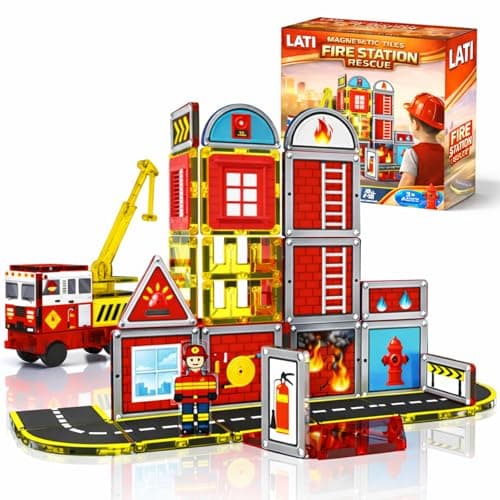 LATI Fire Rescue Magnetic Tiles Building Set for Kids,Double-Sided Fire & Rescue Scenes,Fire Truck & City Building Blocks, STEM Educational Toy,Gift for Boys & Girls Ages 3–8 - Image 1