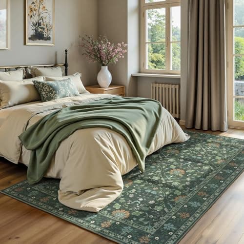 Vibrug 9x12 Area Rugs for Living Room, Floral Vintage Washable Rugs, Soft Boho Non-Slip Low Pile Carpets, Large Area Rug for Dining Room Bedroom Farmhouse Home Indoor Nursery, Dark Green - Thumbnail 5