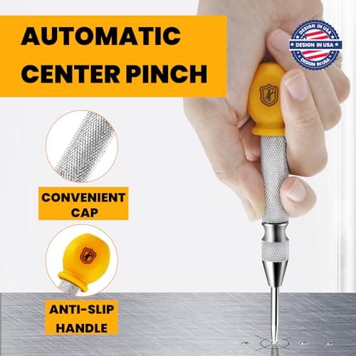 MulWark 5" Spring-Loaded Automatic Steel Center Hole Punch Marker Scriber for Wood, Metal, Plastic, Car Window Puncher Breaker Tool-with Palm Cushion Cap, Adjustable Impact-A Replacement Tip Included - Thumbnail 2