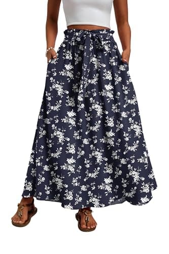 Mintreus Womens Spring Summer Long Skirt Elegant High Waist Cocktail Party Wedding Flowy A-Line Maxi Skirts 2026(Blue Small Flower-S) - Image 1