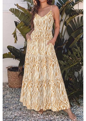 KIRUNDO Sundresses for Women 2026 Spring Summer Hawaiian Print Boho Floral Spaghetti Strap Beach Vacation Flowy Maxi Dress(Khaki, Large) - Thumbnail 2