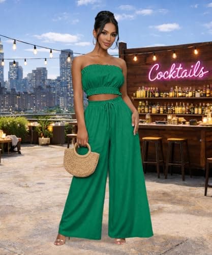 ABKY Two Piece Sets for Women Going Out Summer Off Shoulder Tube Top Palazzo Pants Set Vacation Birthday Party Date Night Outfits Green M - Thumbnail 4