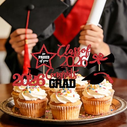 48 PCS Graduation Cupcake Toppers, Glittery 6 Styles Congrats Grad Cake Topper, Black and Red Graduation Decorations 2026, Cap and Diploma Cake Picks for Grad Party Supplies - Thumbnail 6