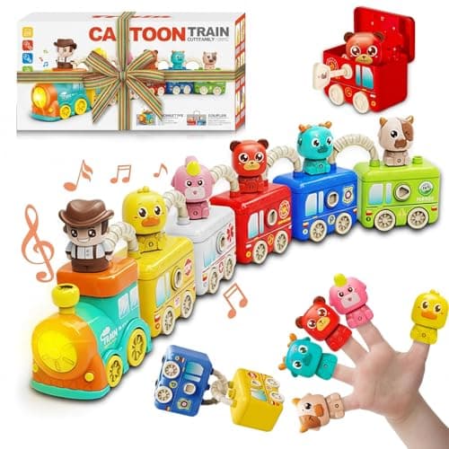 Montessori Train Toys for 2 3 4 Year Olds - Toddler Learning Train Set with Lights & Sounds, 6 Vehicle Transport, Lock & Key Activity, Farm Animal Finger Puppets, Easter Birthday Gift for Boys Girls - Image 1