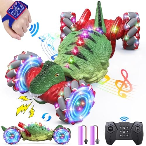 OSIMILY Remote Control Car，Dinosaur Toys car for Kids，2.4GHz LED Gesture Sensing RC Car，4WD Rotation RC Stunt Car with Lights and Music，Dino Toys for Kids Ages 3 4 5 6 7 Gifts for Boys Girls(Red) - Image 1