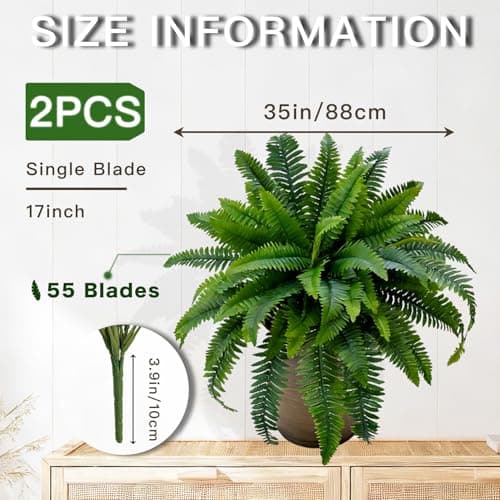 Senjie Artificial Boston Fern 2 Set Large 55 Branches Fake Ferns for Outdoors 35Inch Faux Plant for Home Living Room Office Decor - Thumbnail 2