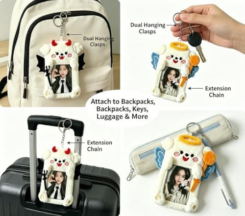DegoCython Photocard Holder, 2 Pack Angel & Devil Puppy Pair, Plush Photo Card Keychain, Clear Protective Sleeve, 3 Inch Size, Dual Hanging Clasps for Kpop Fans Backpack Charm Gift Concert - Thumbnail 5