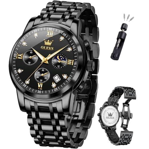 OLEVS Watch Men Black Watches for Men Luxury Analog Quartz Wrist Chronograph Dress Waterproof Mens Watches Big Face Moon Phase Business Fashion Metal Stainless Steel Reloj para Hombre Originales - Image 1