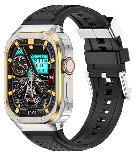 Deczone Band with Stainless Steel Case Compatible with Apple Watch Series Ultra 1 2 3 49mm Band, iwatch Bands Rugged Metal Protective Cover for Men (Silver Gold) - Image 1