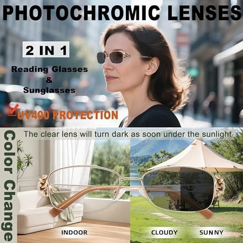 touk Photochromic Progressive Multifocal Reading Glasses for Women, Stylish Half Rim Metal Frame Anti Blue Light Sun Readers 1 Pack Red +3.5 - Thumbnail 3