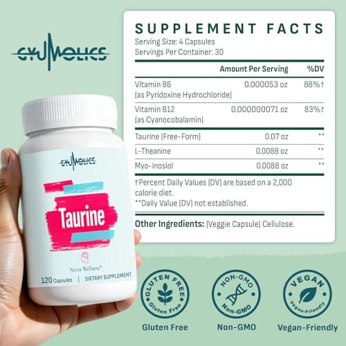Gyumolics Taurine Supplement 2000mg - Amino Acid Supplement with L-Theanine, Inositol, B6 & B12 - Non-GMO, Gluten-Free, Vegetarian Capsules - 120 Taurine Capsules - Thumbnail 6