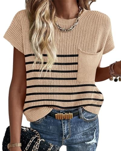 KIRUNDO Spring Summer Short Sleeve Sweater for Women 2026 Casual Sweater Vest Cotton Knit Pullover Tank Tops Fashion Clothing(Striped Beige, Large) - Image 1