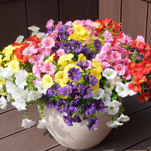 maxkes Artificial Flowers for Outdoors, UV Resistant Fake Silk Morning Glory, Realistic Faux Plants for Outside Porch Patio Window Box Hanging Planter (12, Purple White Yellow Pink Red) - Image 1