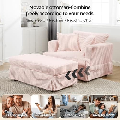 Indoor Chaise Lounge Chair with Ottoman, Comfy Faux Fur Plush Corduroy Lounge Sofa, Modern Cloud Couch Chair with Wide Armrests (Pink (No Storage)) - Thumbnail 3