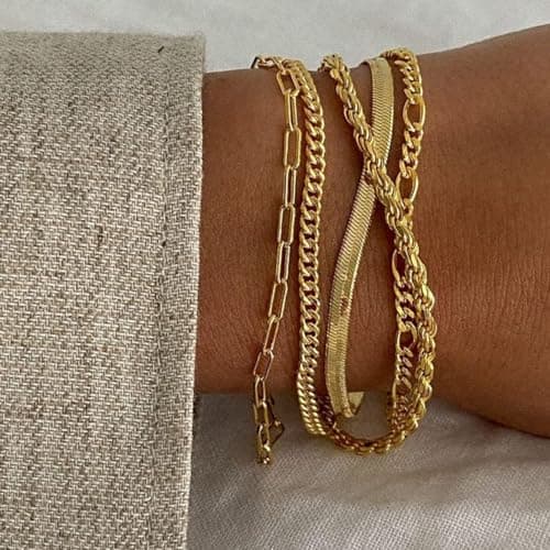 Alegend Bracelet Set 14K Gold Plated Multiple Classic Chain Types Paperclip, Twisted,Cuban,Snake Bone,O-Chain Lobster Clasp Adjustable Extender - Thumbnail 2