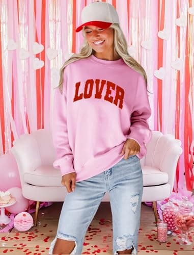 MAPICK Lover Sweatshirts for Women Long Sleeve Sweaters Crewneck Glitter Patch Letter Clothes(Pink, XX-Large) - Thumbnail 3