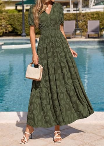 KIRUNDO Womens Boho Maxi Dress Summer Short Sleeve V Neck Floral Flowy A Line Formal Wedding Guest Baby Shower Long Dresses(Army Green, Large) - Thumbnail 2