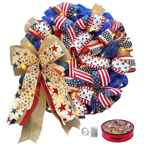 Presentastic 250th Anniversary Patriotic Wreath for Front Door, 24 Inch Large 4th of July Decorations, Handcrafted Ribbon Burlap Bow, Red White and Blue Memorial Day Wreath with Lights & Storage Bag - Image 1