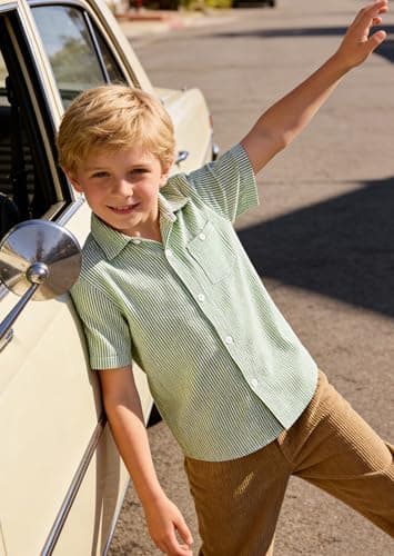 Cozople Boys Button Down Short Sleeve Shirts Lightweigh Soft Seersucker Shirt with Curved Hem Hawaiian Aloha Tops Cusual Chest Pockets Green Stripe - Thumbnail 5