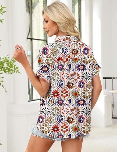 Kistore Womens Hawaiian Shirts Button Down Shirt with Pocket Short Sleeve Blouses Business Casual Work Tops Summer Outfits M - Thumbnail 5
