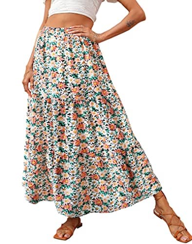 KIRUNDO Maxi Skirts for Women 2026 Summer Boho Floral High Waist Casual Flowy Long Skirt Beach Vacation Cruise Resort Wear(Khaki, Small) - Image 1