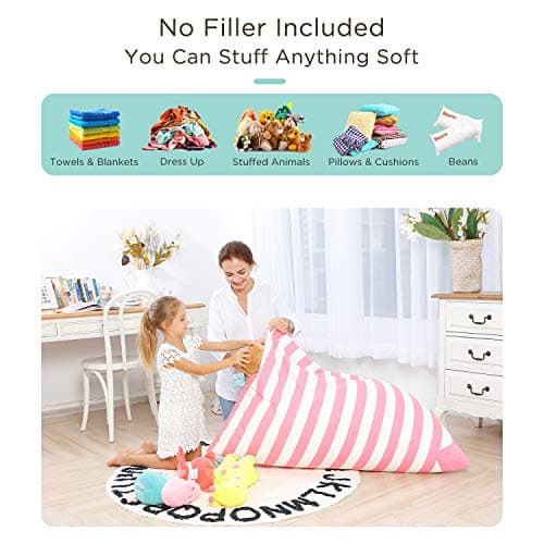 Aubliss Stuffed Animal Storage Bean Bag Chairs Cover, 50"x 35" Extra Large Bean Bags Chair for Kids & Adults, Beanbag Toy Storage for Boys Girls - Premium Cotton Canvas Pink Stripe - Thumbnail 2
