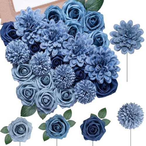 Dusty Blue Artificial Flowers Combo, Fake Silk Dahlia, Roses, Chrysanthemum Balls with Stems for Wedding Bridal Bouquets, Baby Shower, Party, Table Centerpieces, Home Decor & DIY Floral Arrangements - Image 1